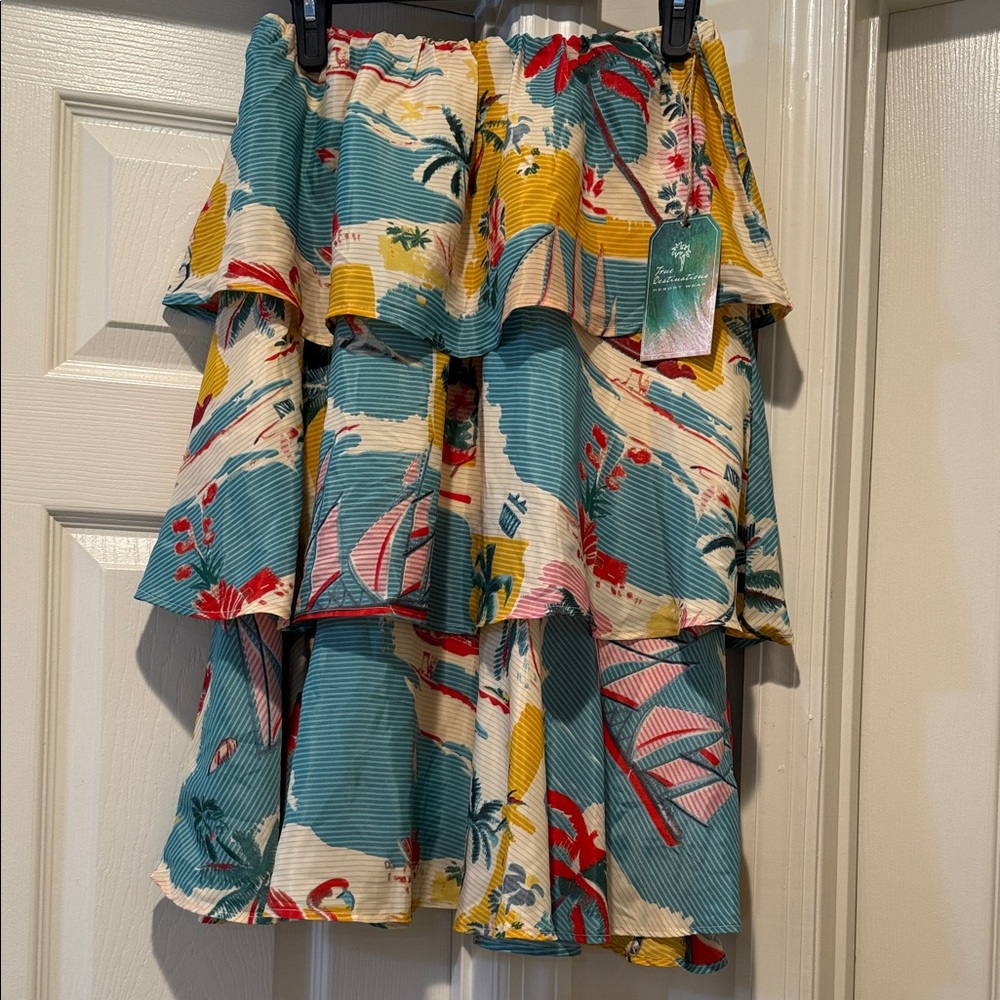 NWT Tropical Ruffle 3 Tiered Lined Voluminous Watercolor Flowy Dainty Skirt L - Picture 2 of 11